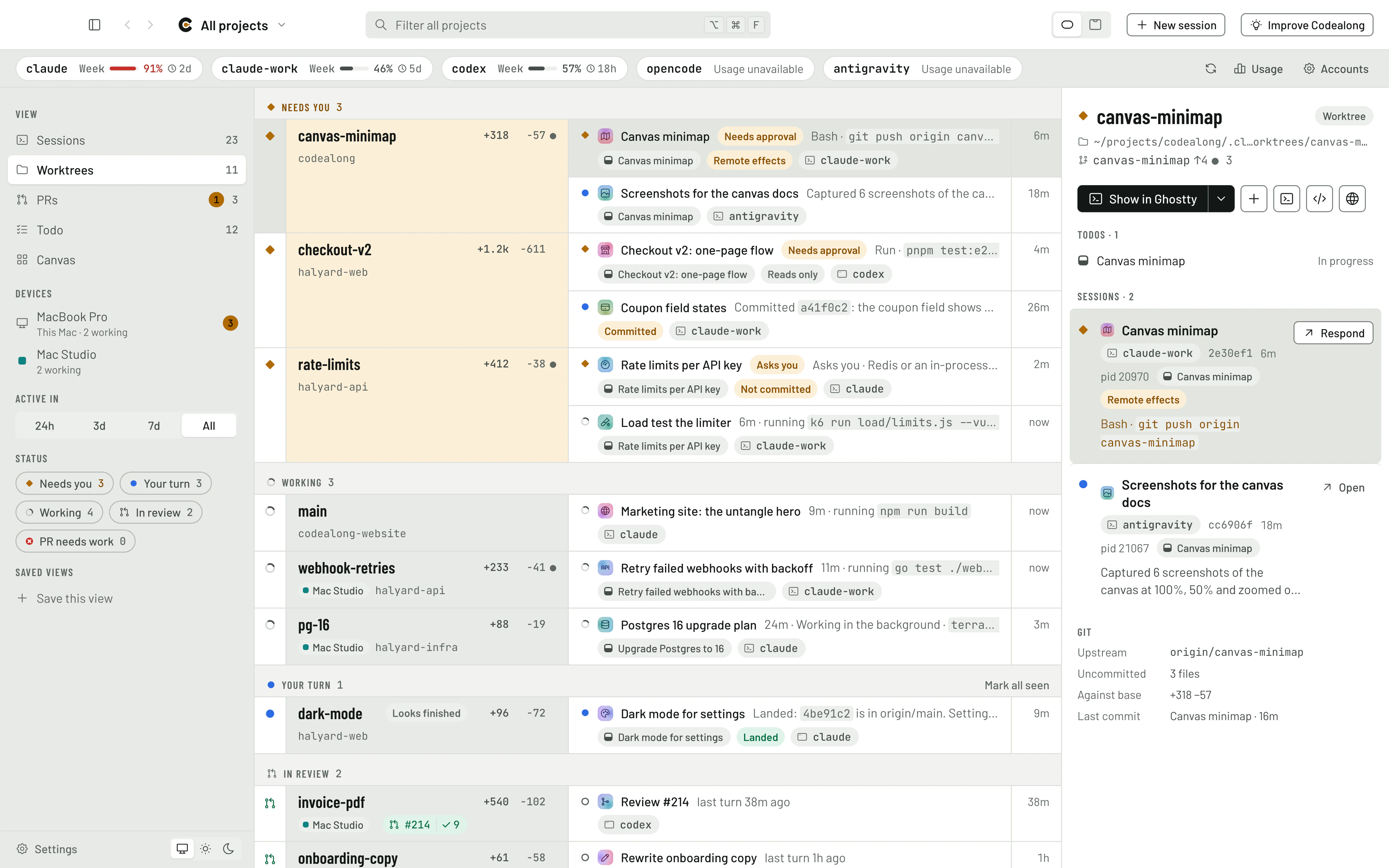 The Worktrees view: eleven worktrees on two Macs, sorted into Needs you, Working, Your turn and In review, with plan usage for every account across the top.