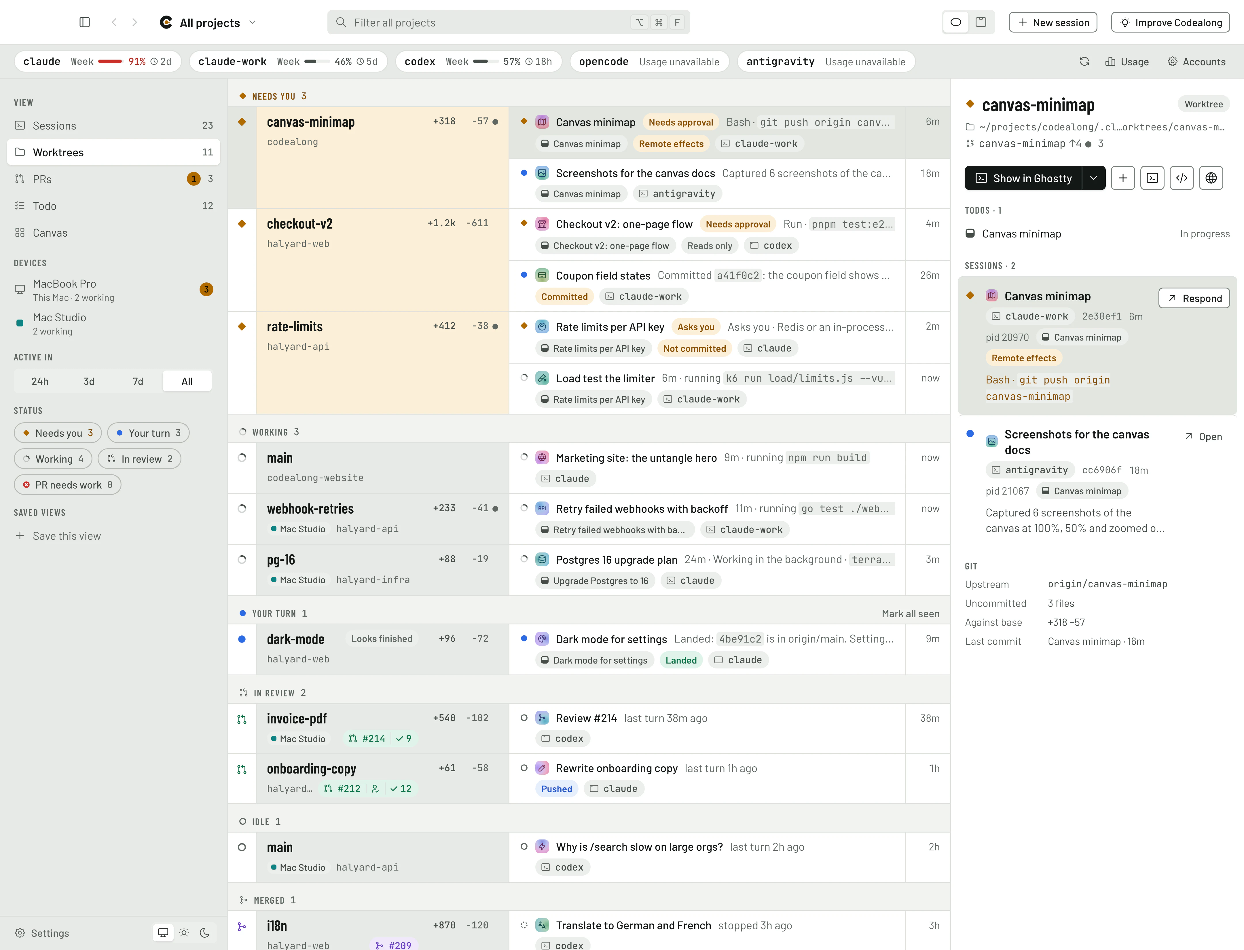 The Worktrees view: worktrees sorted into Needs you, Working, Your turn and In review, each session with what it waits on and how far its work got.