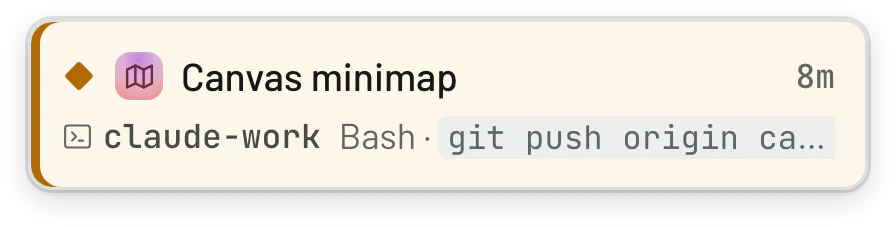 A session pinned to the desktop as a card, showing the git push it wants to run.