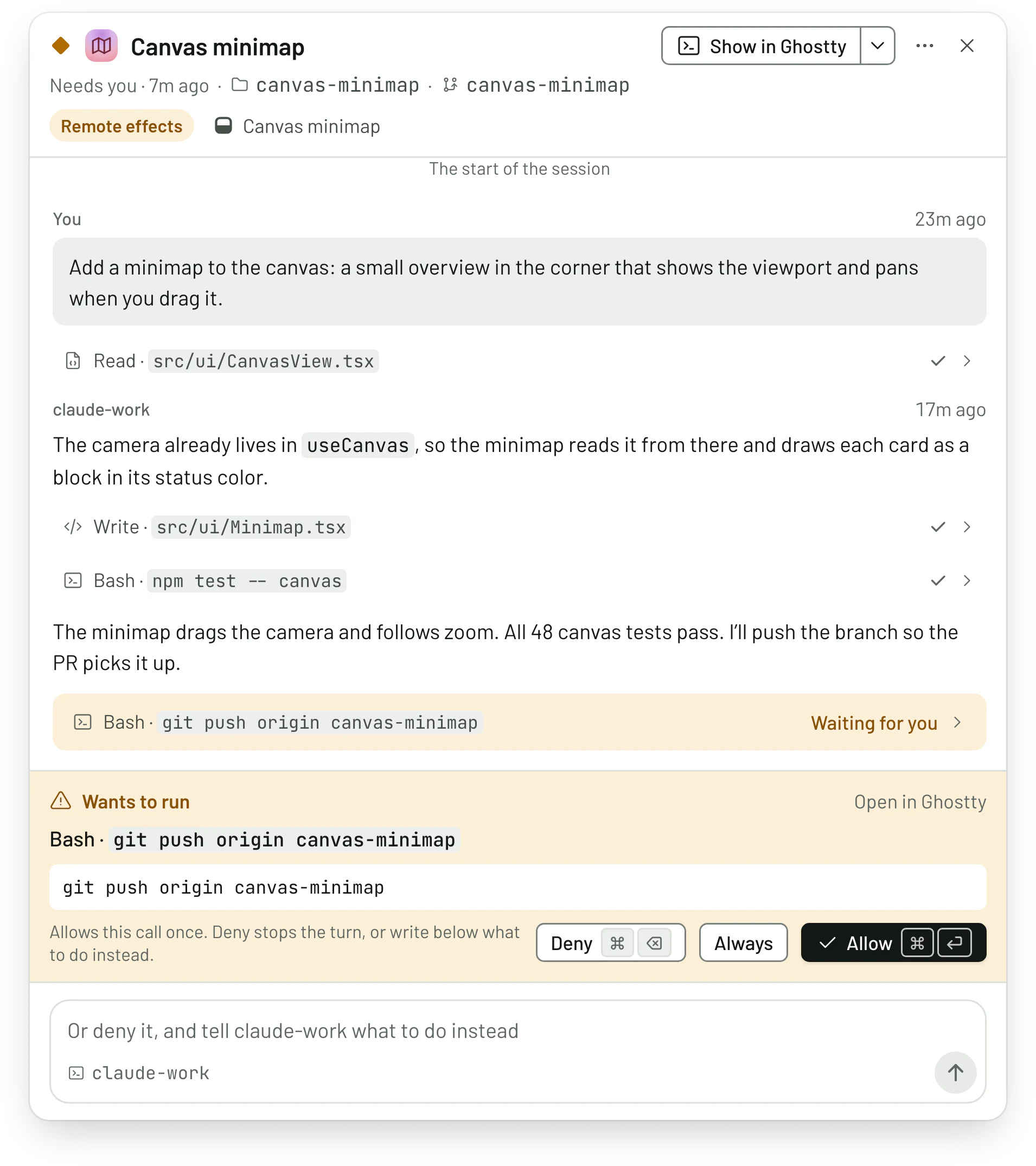 A session kept on the desktop, waiting to run git push: Deny, Always and Allow are on screen.