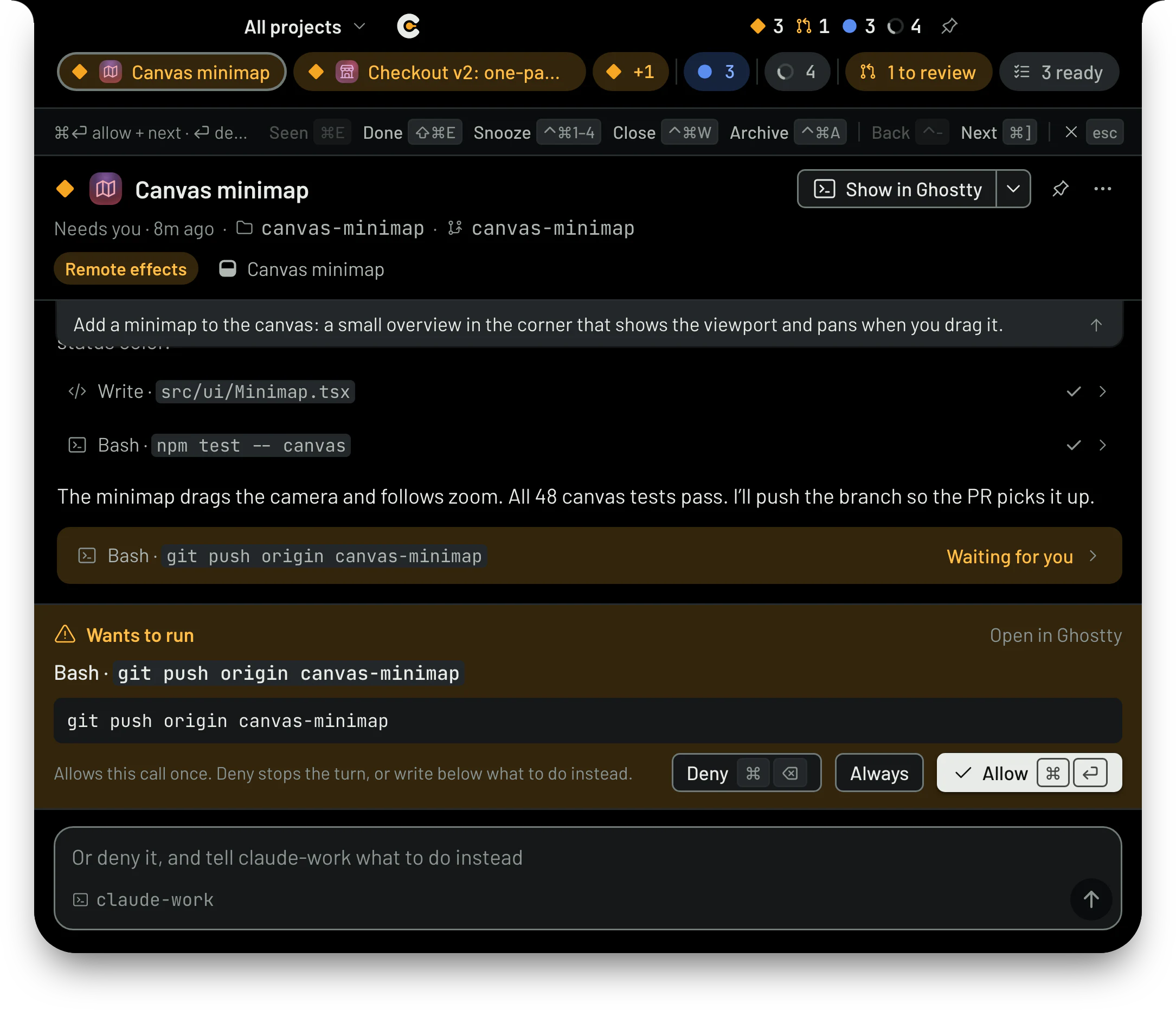 The bar docked in the MacBook notch, open on a session that wants to run git push, with Allow, Always and Deny.