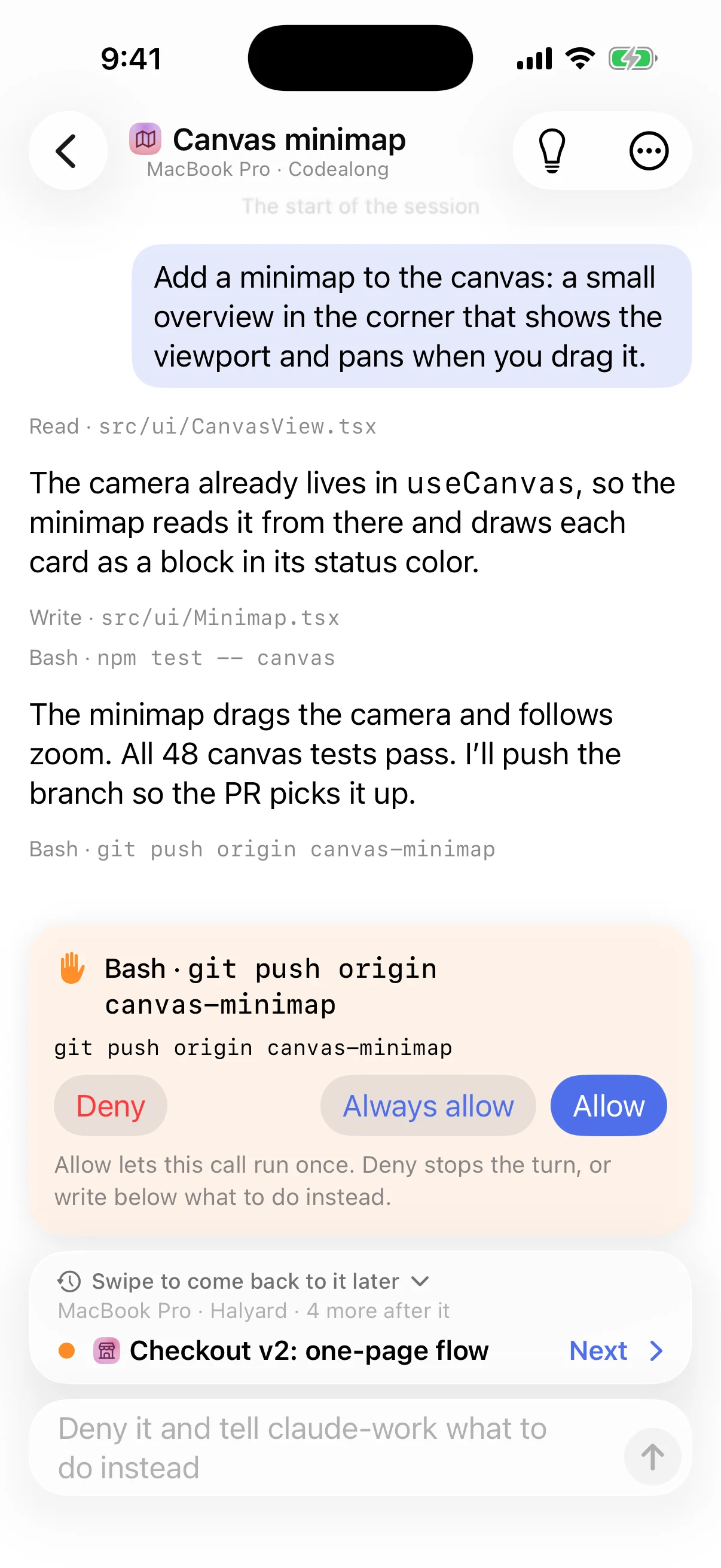 Codealong for iPhone, on a session that wants to run git push: Deny, Always allow and Allow.
