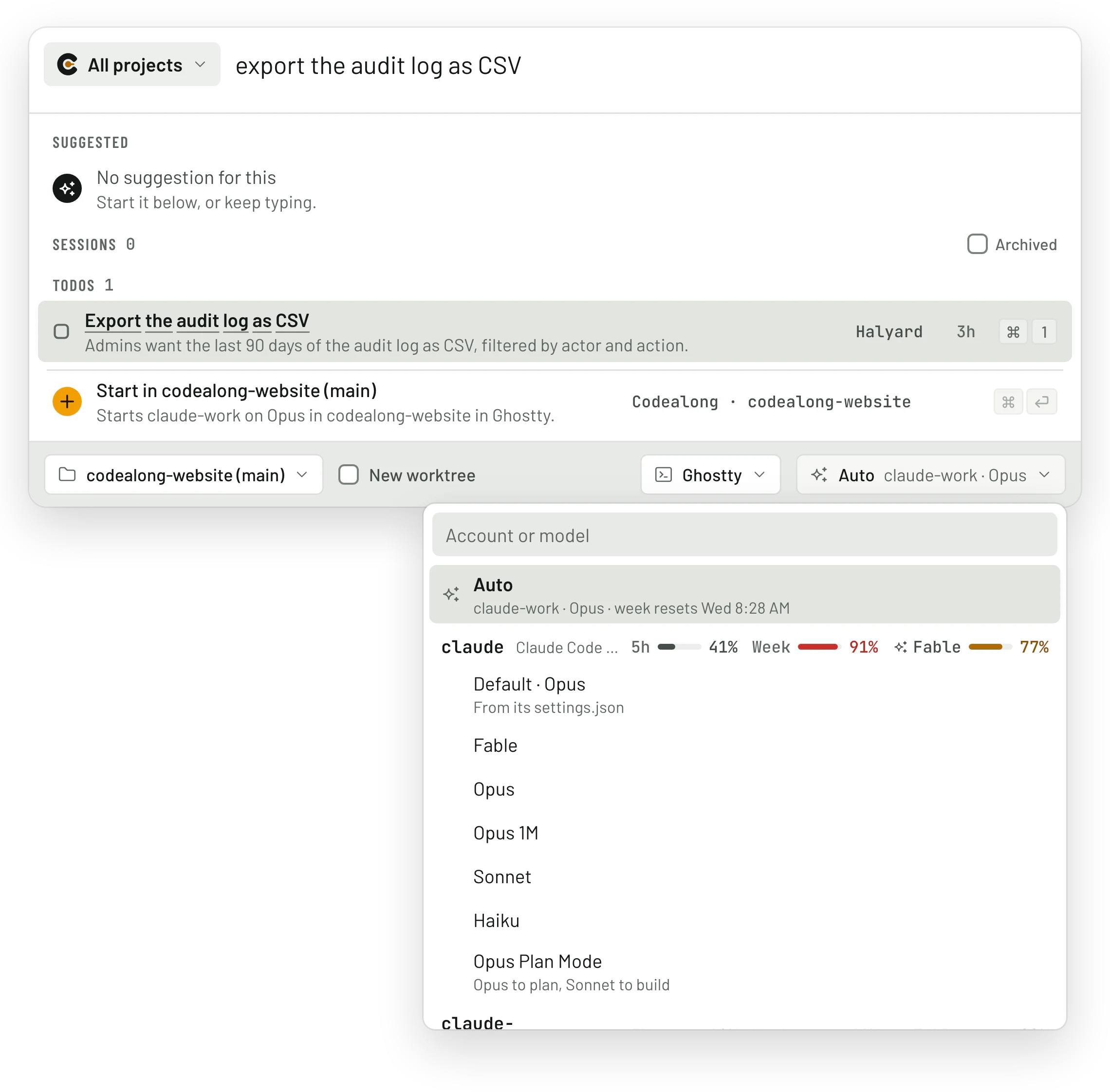 The quick panel’s agent menu: Auto picking claude-work because claude is at 91% of its week, with each account’s limits and models.