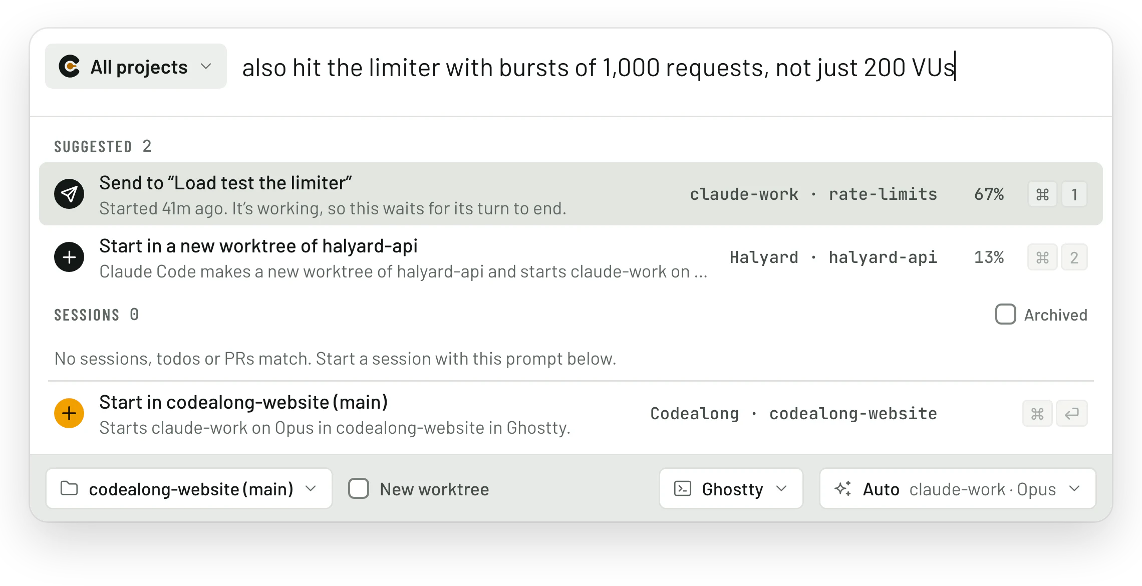 The quick panel: a typed prompt, with Jev suggesting to send it to the session already load-testing the limiter.