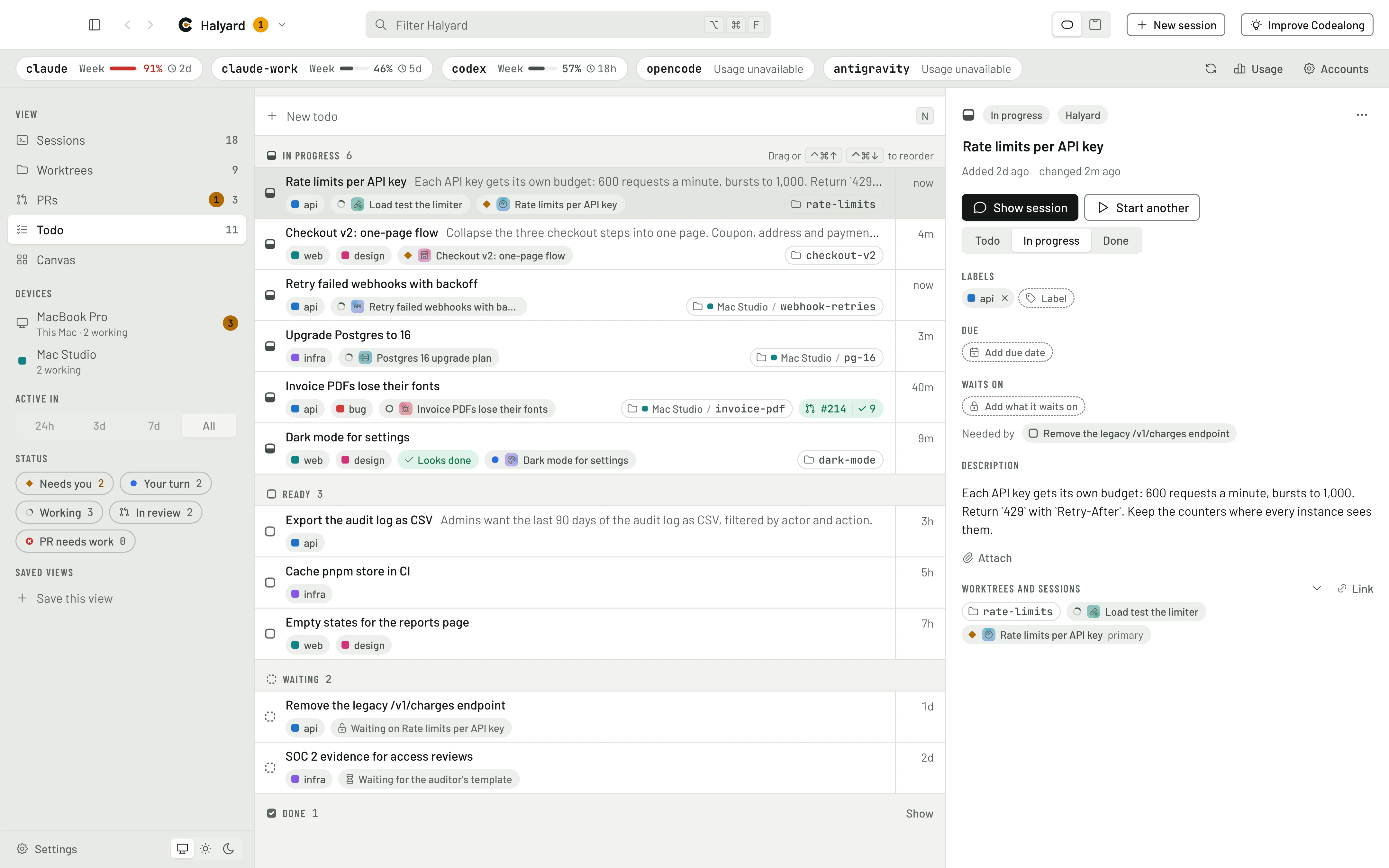 The Todo view: todos in progress with the agents working on them, ready todos, and todos waiting on others.